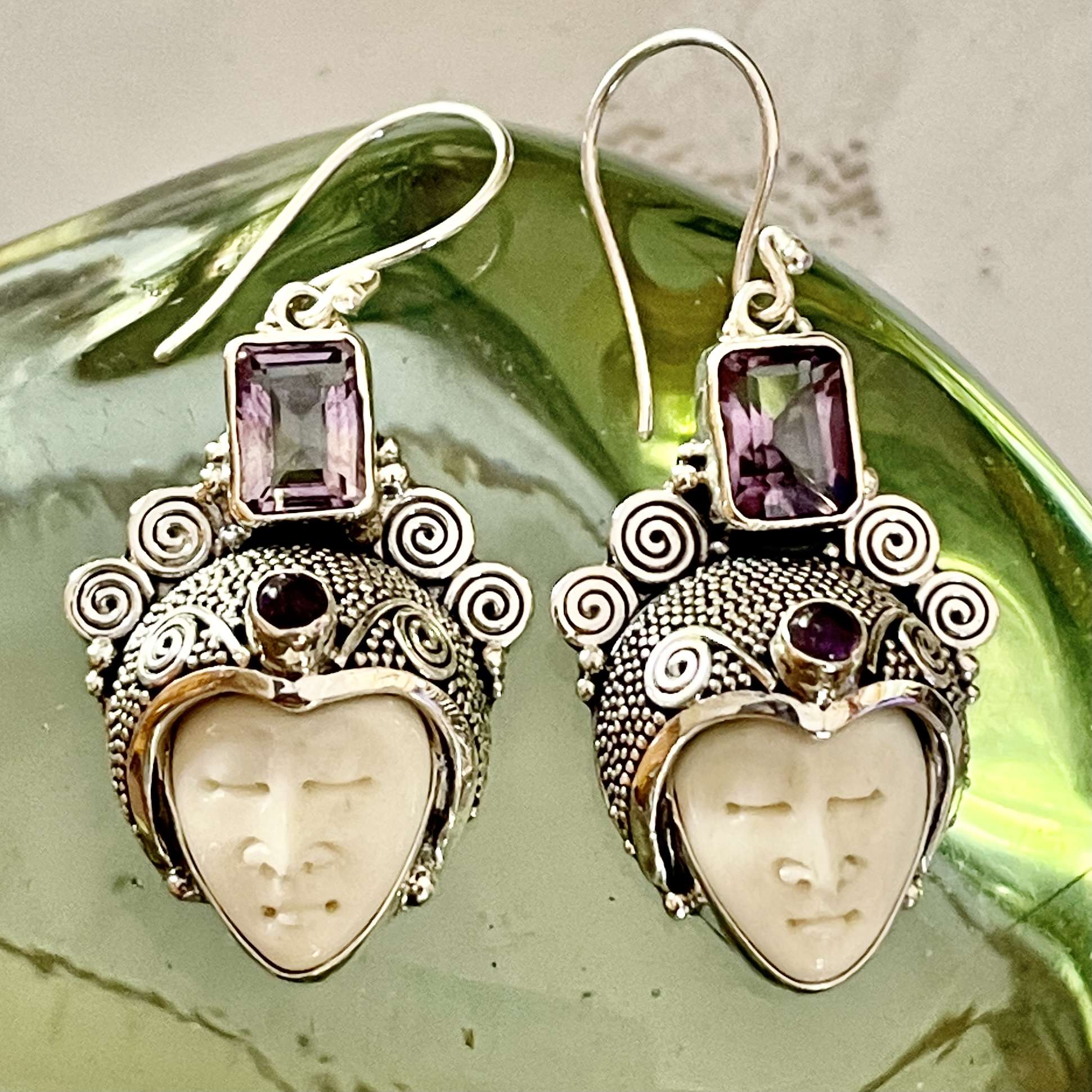 (HANDMADE 925 BALI SILVER BONE FACE EARRINGS WITH MIX STONES)